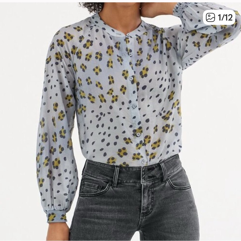 Cabi Hunter Blouse Top Abstract Animal Leopard Print Boho Chic Blue Gray Size M